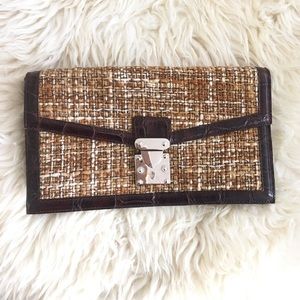Woven Tweed and Brown Leather Clutch Wristlet - Brown